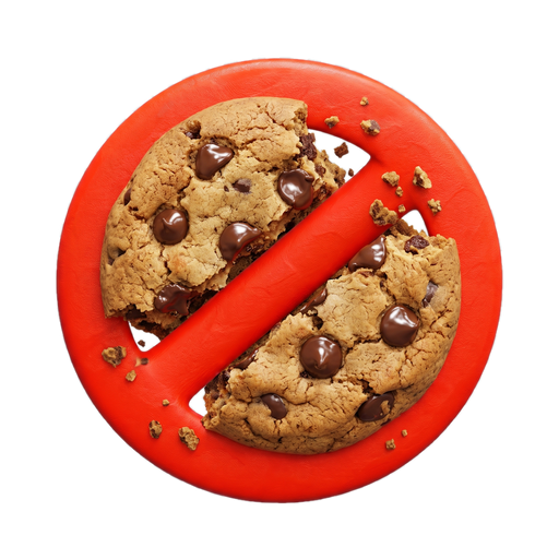 A chocolate-chip cookie broken in half behind a red 'no' symbol